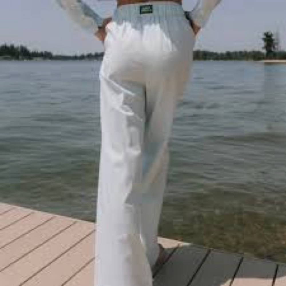 Daily Drills Light Blue Wide Leg Elastic Waist Linen Blend Pants Medium Pajama